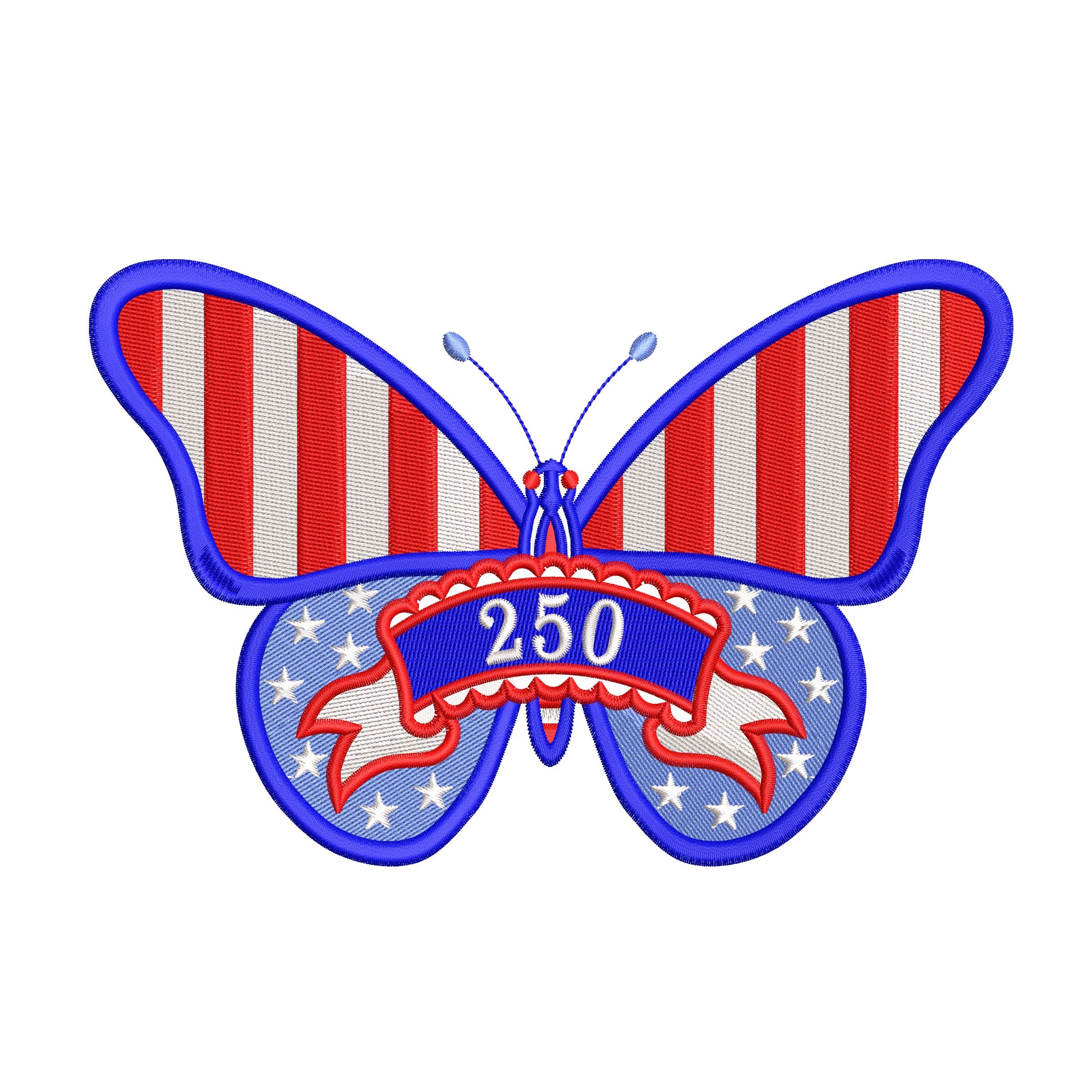 Patriotic butterfly machine embroidery designs in red white and blue with stars stripes and 250 celebration theme.