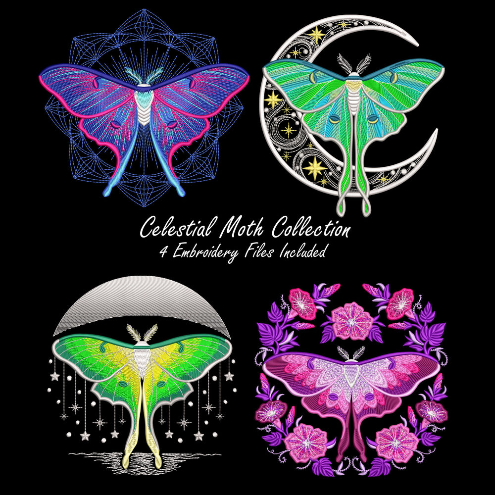 Four luna moth machine embroidery designs with celestial and decorative elements
