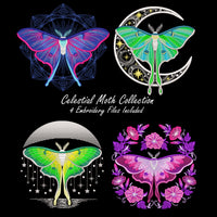 Four luna moth machine embroidery designs with celestial and decorative elements