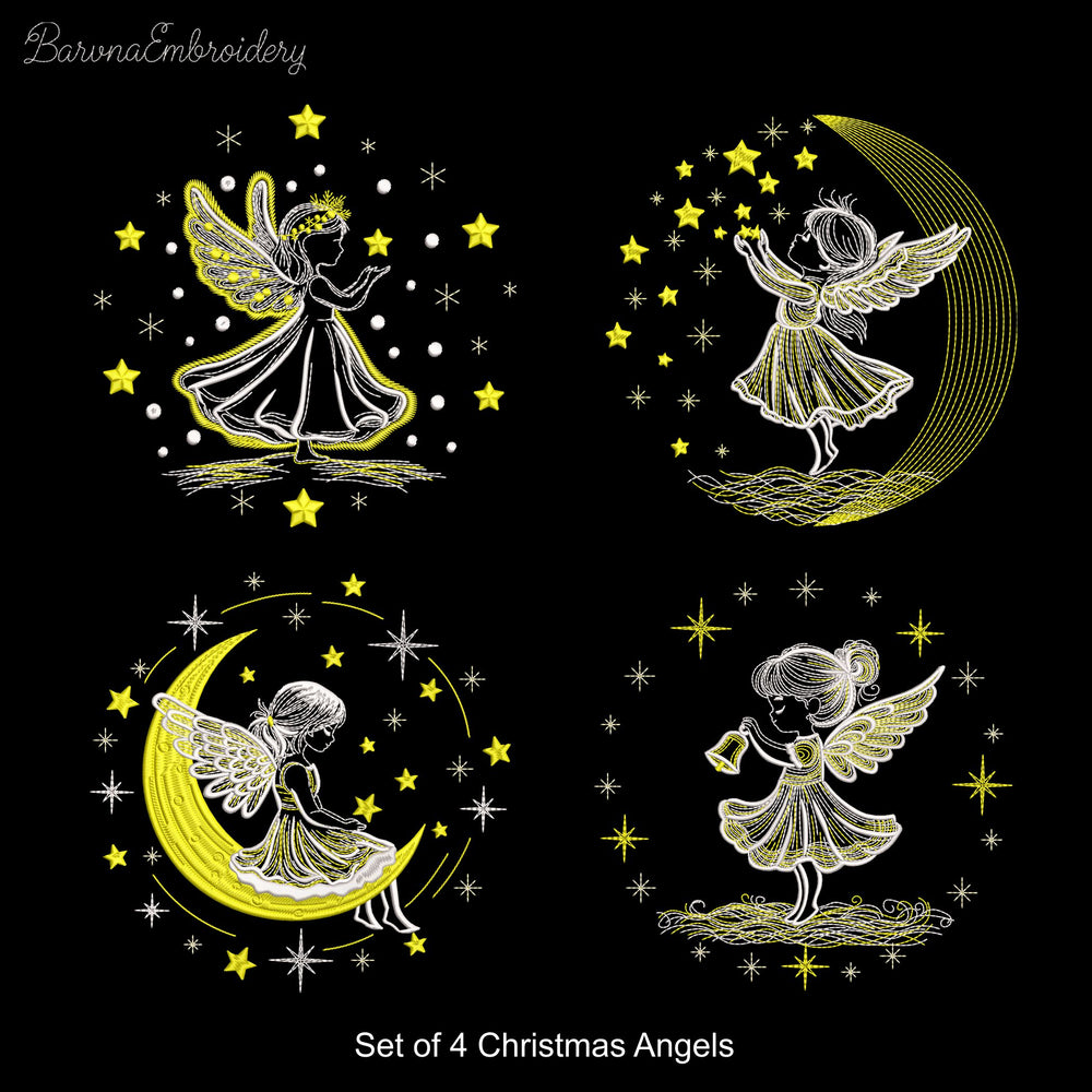 Set of 4 Christmas angel girl machine embroidery designs with moon, star, and bell.