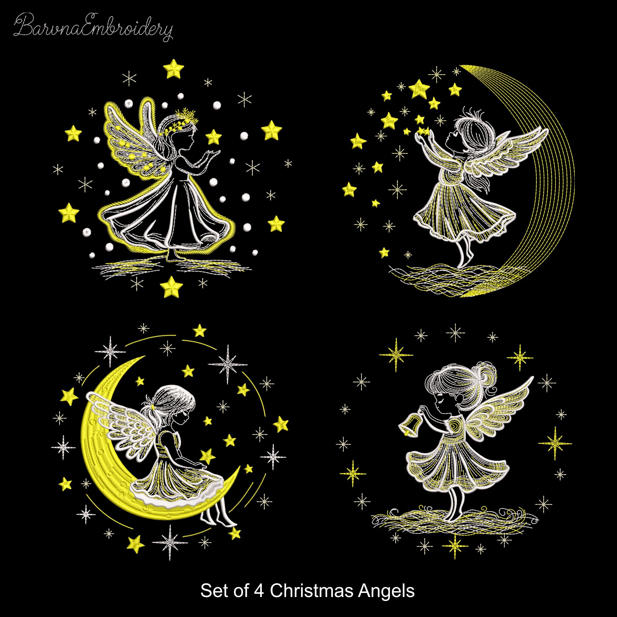 Set of 4 Christmas angel girl machine embroidery designs with moon, star, and bell.
