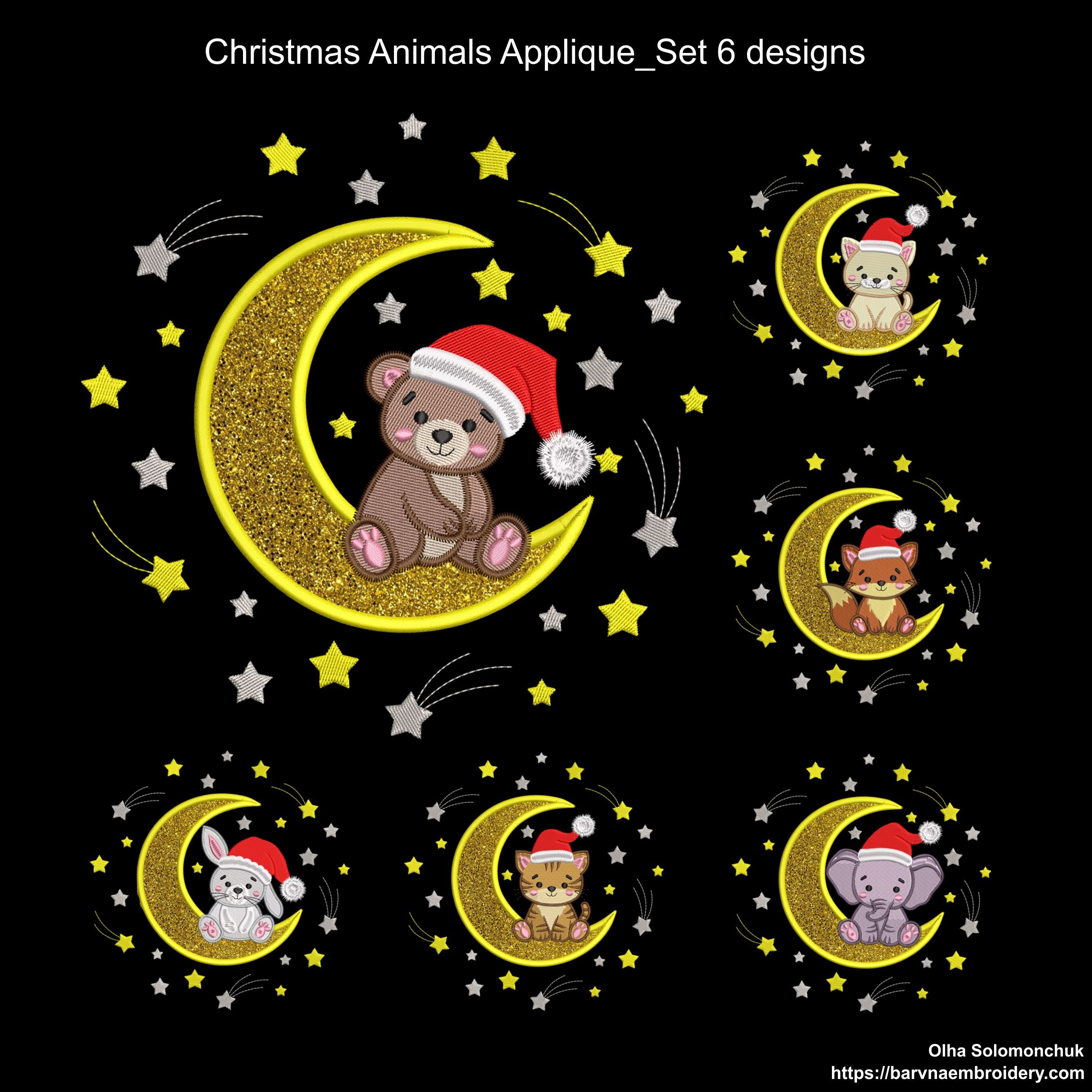 Christmas Moon Animals Applique Machine Embroidery Design Set — Cute Bunny, Fox, Cat, Bear, Elephant, Tiger Sitting On Moon With Stars