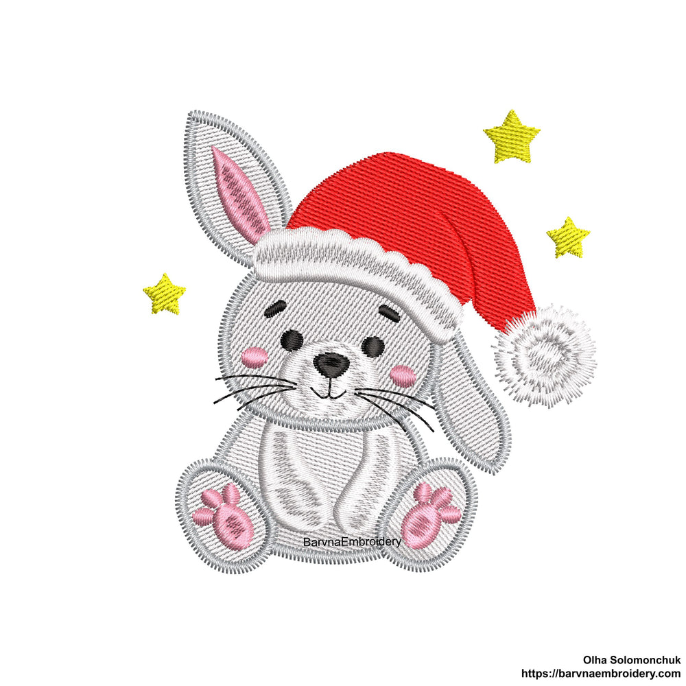 Mini Christmas Bunny Machine Embroidery Designs in Santa Hat — perfect for kids, fits 4x4 hoop.