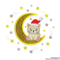 Cute Christmas Cat on Moon Applique Machine Embroidery Design with Santa Hat and Stars