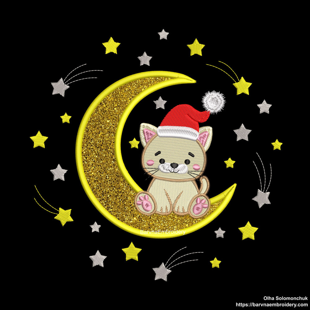 Cute Christmas Cat on Moon Applique Machine Embroidery Design with Santa Hat and Stars