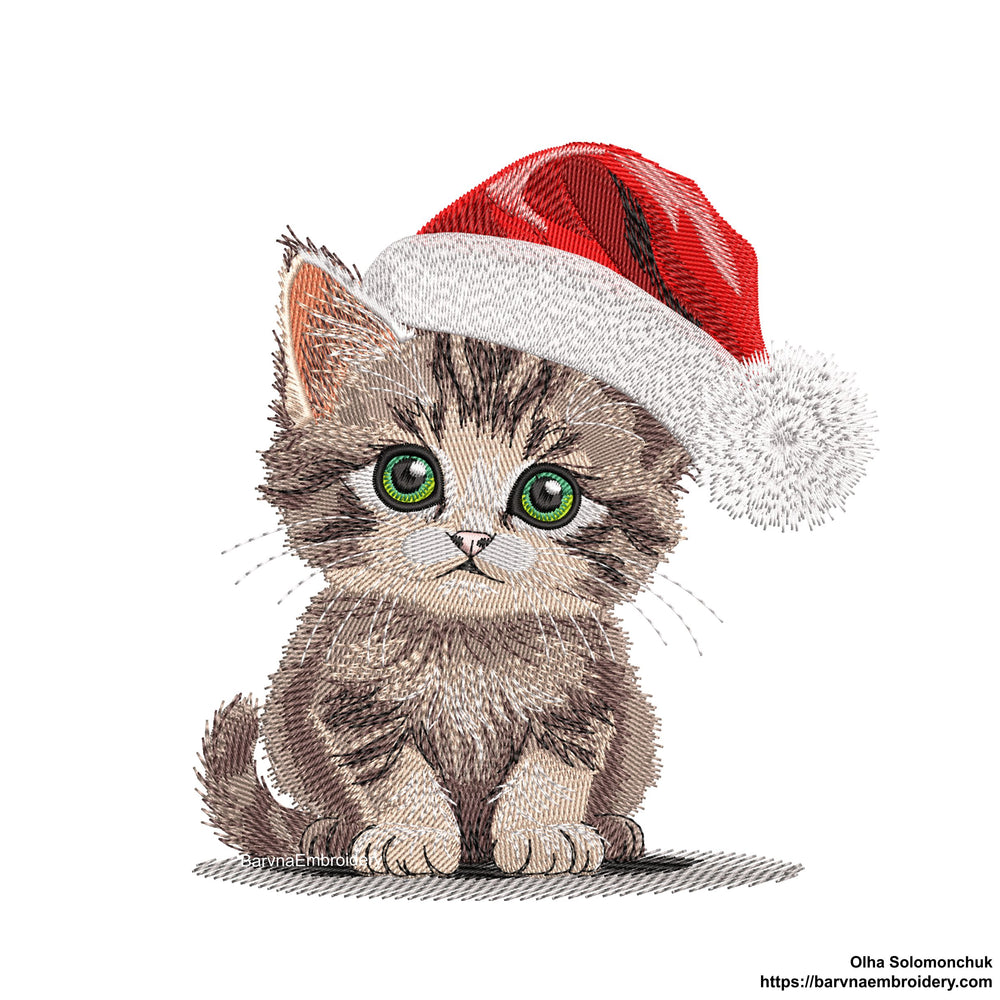 A realistic-style machine embroidery design of a cute kitten wearing a red Santa hat, perfect for Christmas-themed stitching.