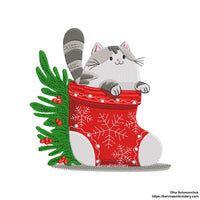 Festive Christmas embroidery design with a cute cat in a holiday stocking – digital file for machine embroidery projects.