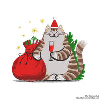 Festive Christmas embroidery design with a funny Santa cat – digital file for holiday machine embroidery projects.