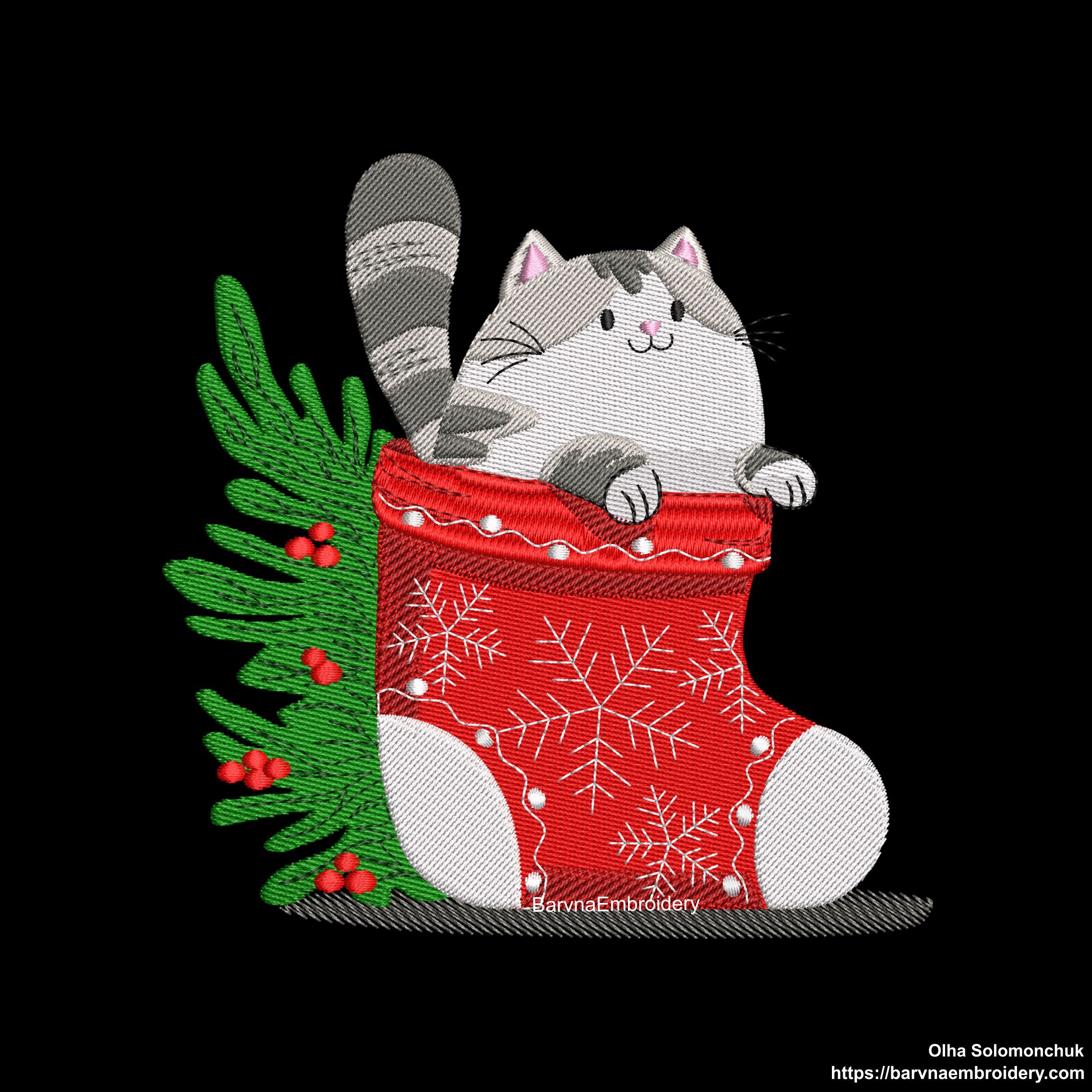 Festive Christmas embroidery design with a cute cat in a holiday stocking – digital file for machine embroidery projects.