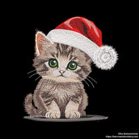 A realistic-style machine embroidery design of a cute kitten wearing a red Santa hat, perfect for Christmas-themed stitching.