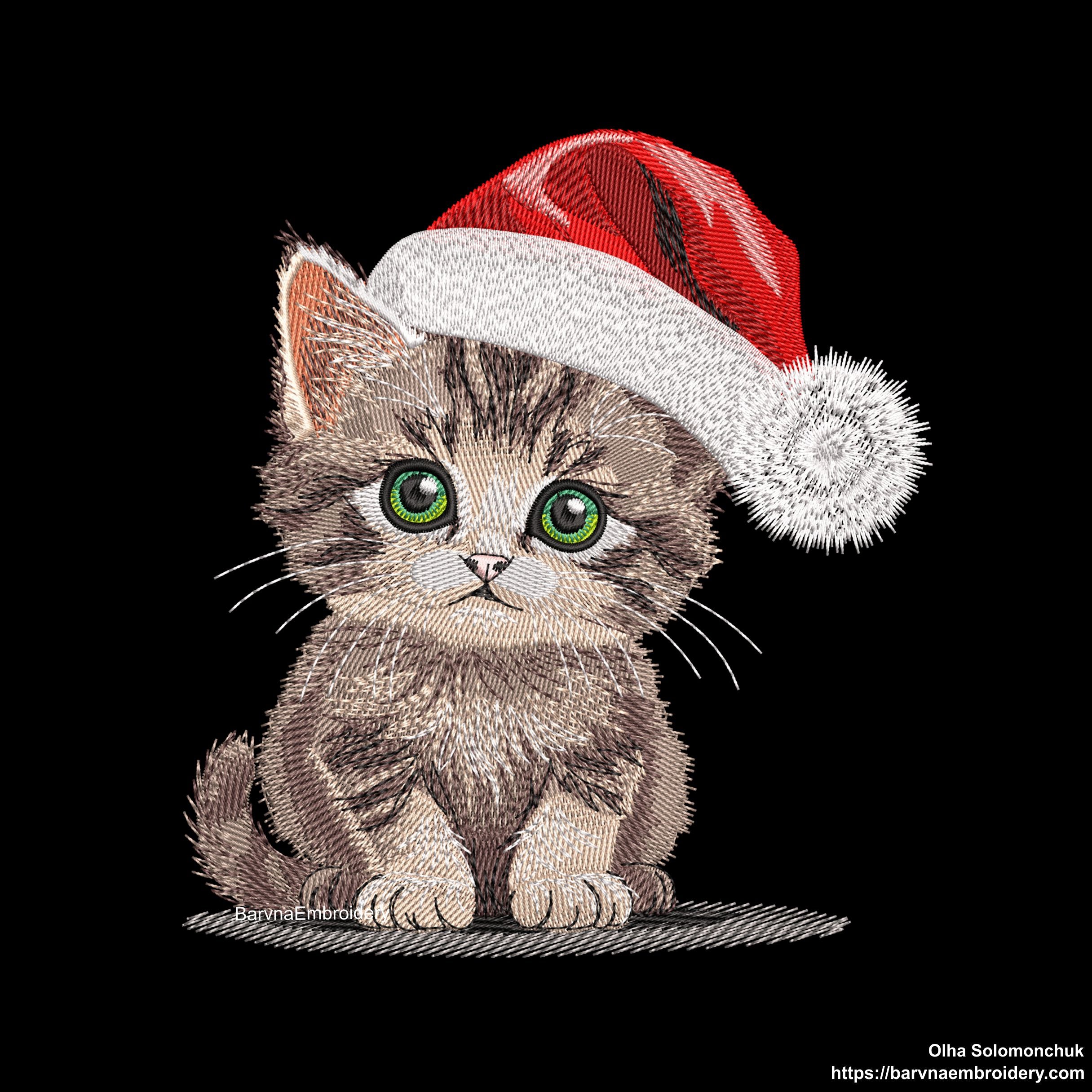 A realistic-style machine embroidery design of a cute kitten wearing a red Santa hat, perfect for Christmas-themed stitching.