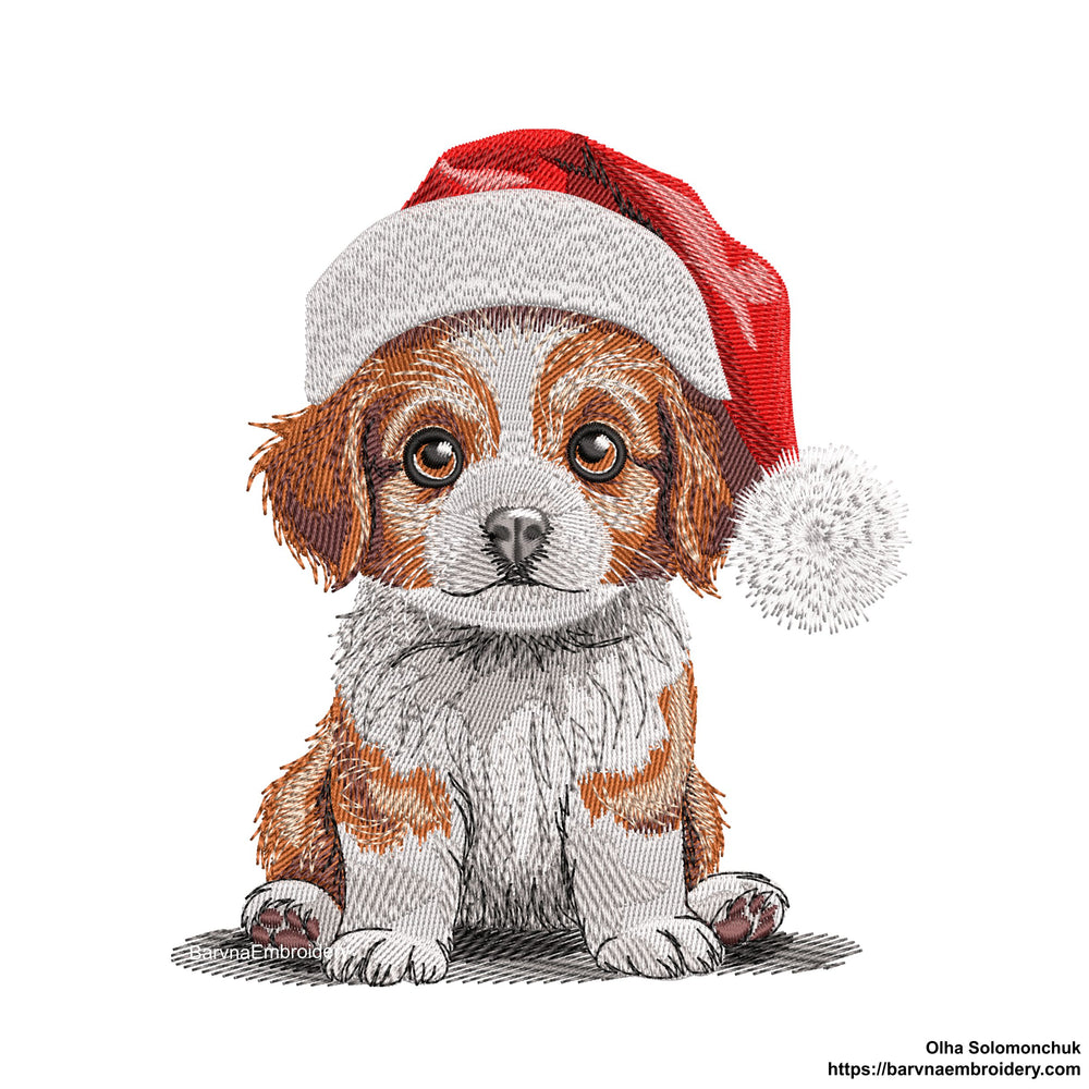 A realistic-style machine embroidery design of a cute spaniel puppy wearing a red Santa hat, perfect for holiday-themed stitching projects.