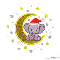 Christmas Elephant on Moon Machine Embroidery Design Applique (Instant Download)