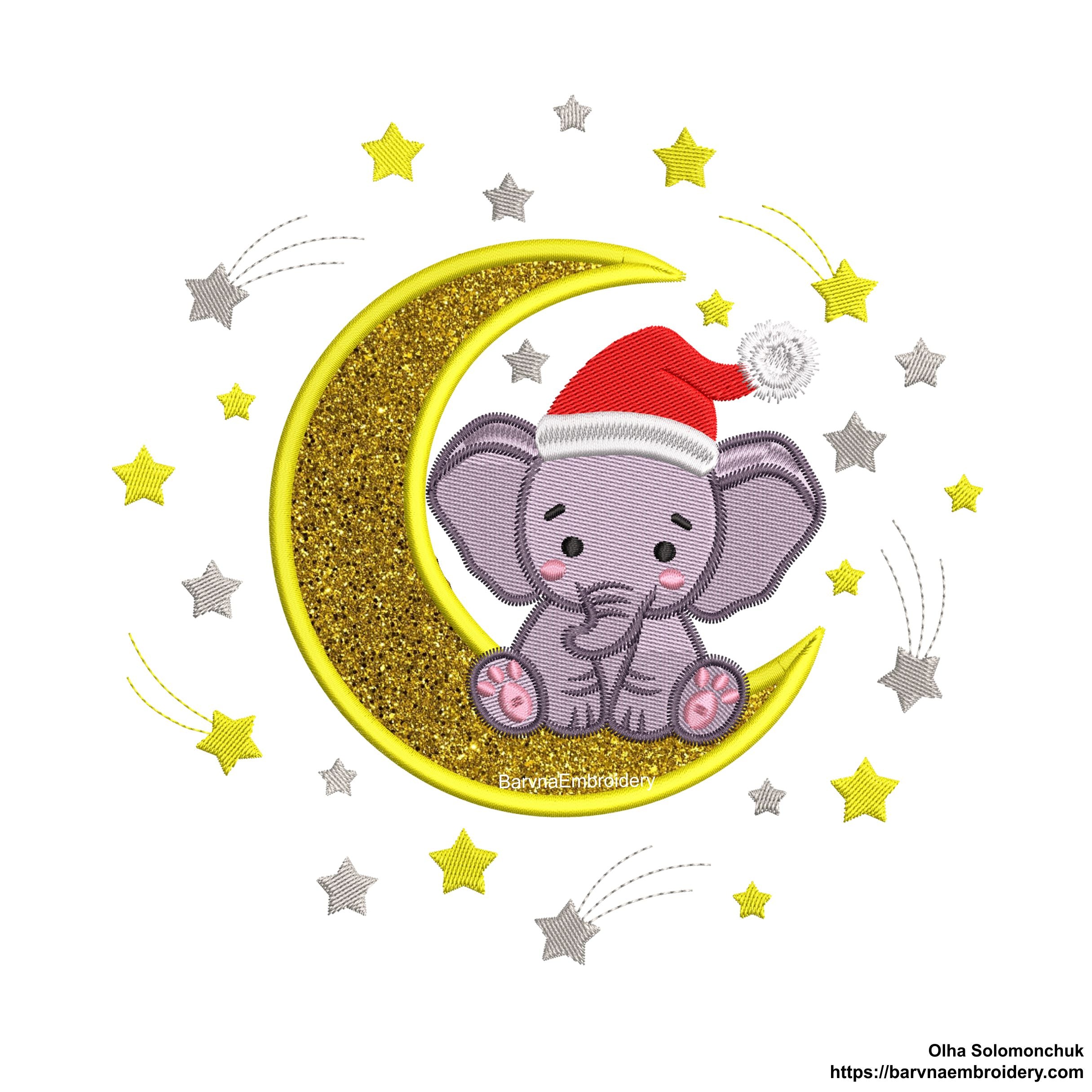 Christmas Elephant on Moon Machine Embroidery Design Applique (Instant Download)