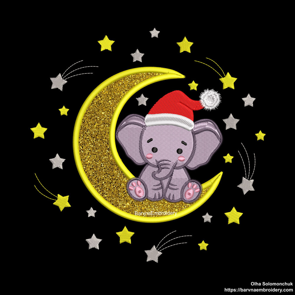 Christmas Elephant on Moon Machine Embroidery Design Applique (Instant Download)