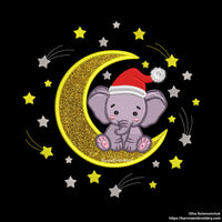 Christmas Elephant on Moon Machine Embroidery Design Applique (Instant Download)