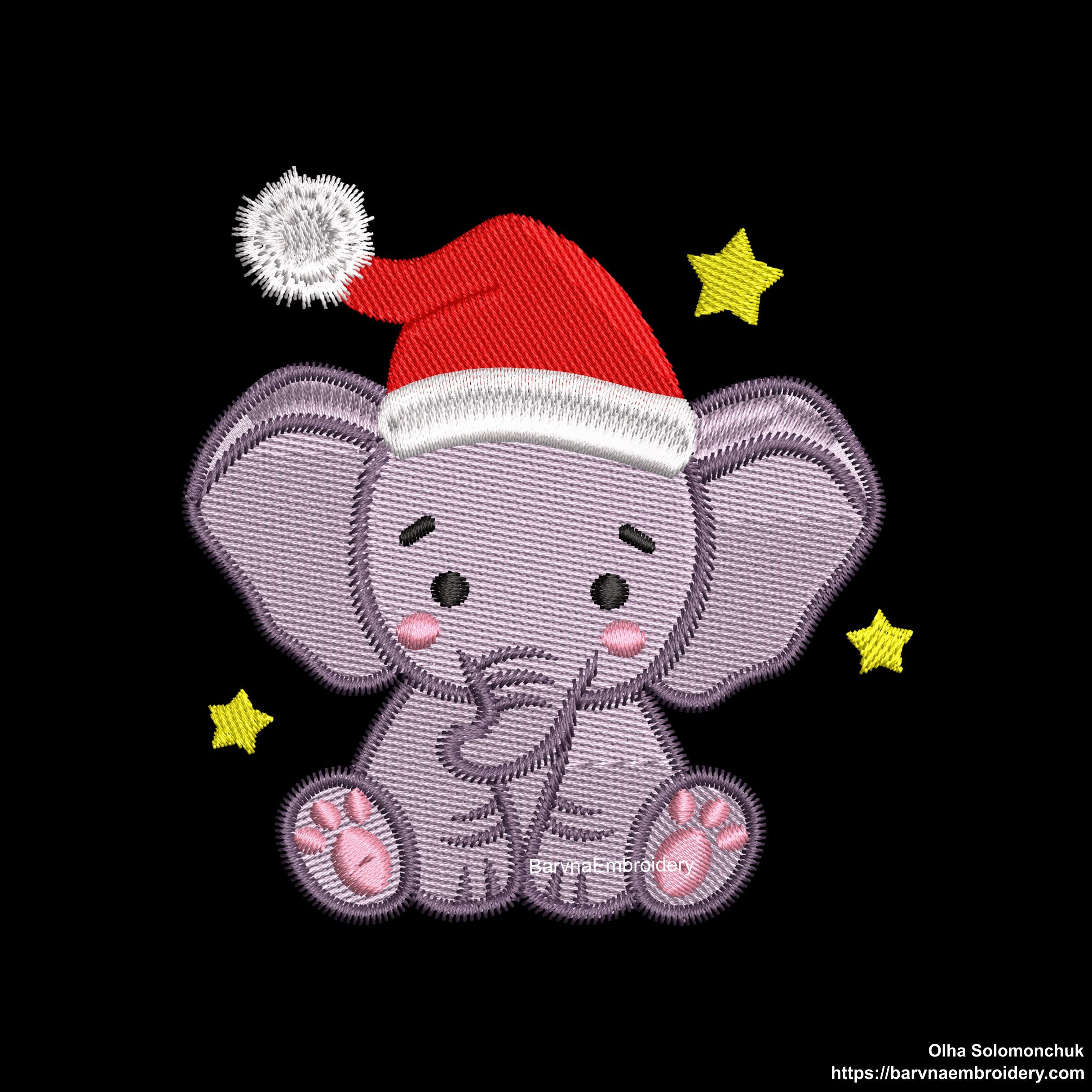 Mini Christmas Elephant Machine Embroidery Designs in Santa Hat — perfect for kids, fits 4x4 hoop.