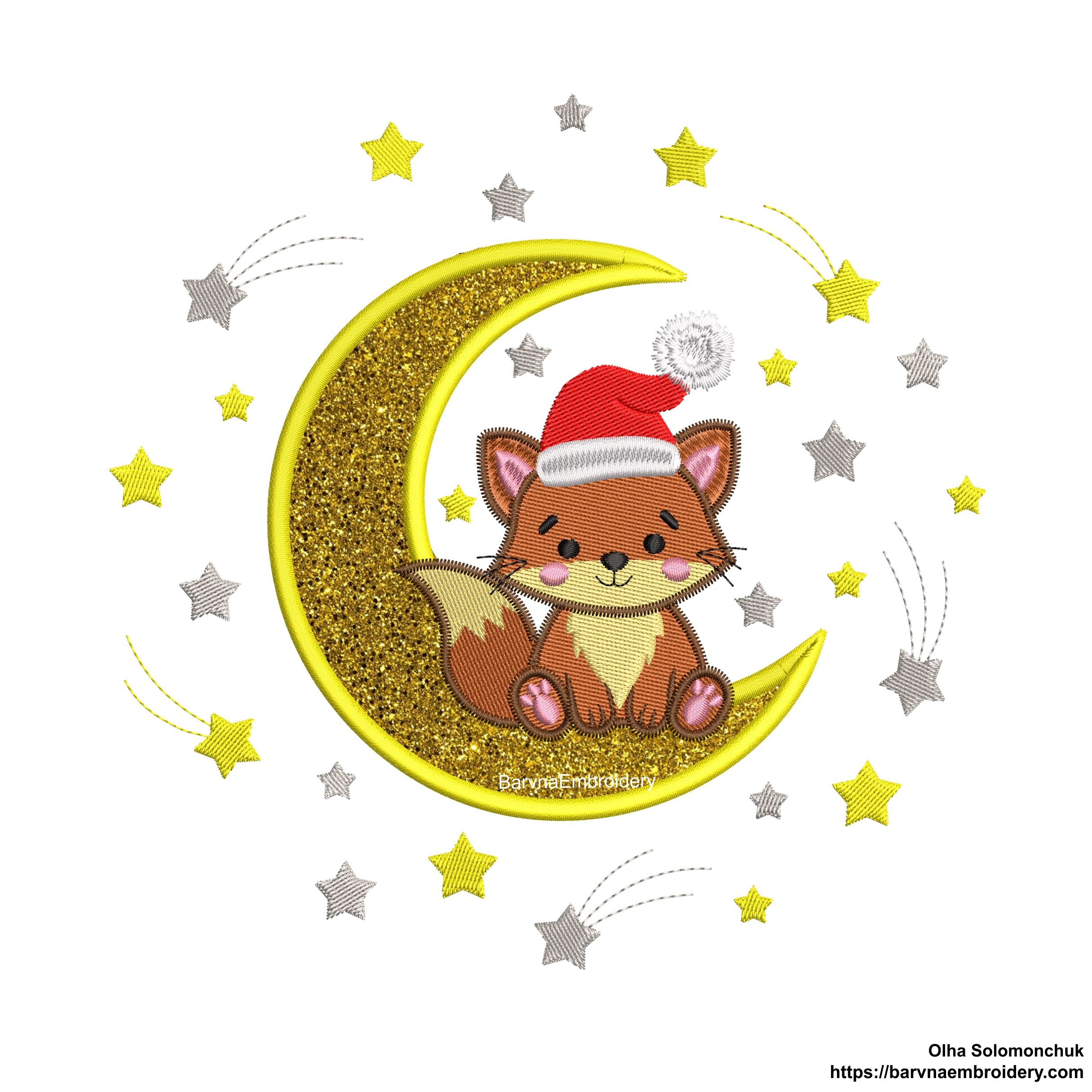 Christmas Fox Sitting on Moon with Santa Hat and Stars — Cute Applique Machine Embroidery Design
