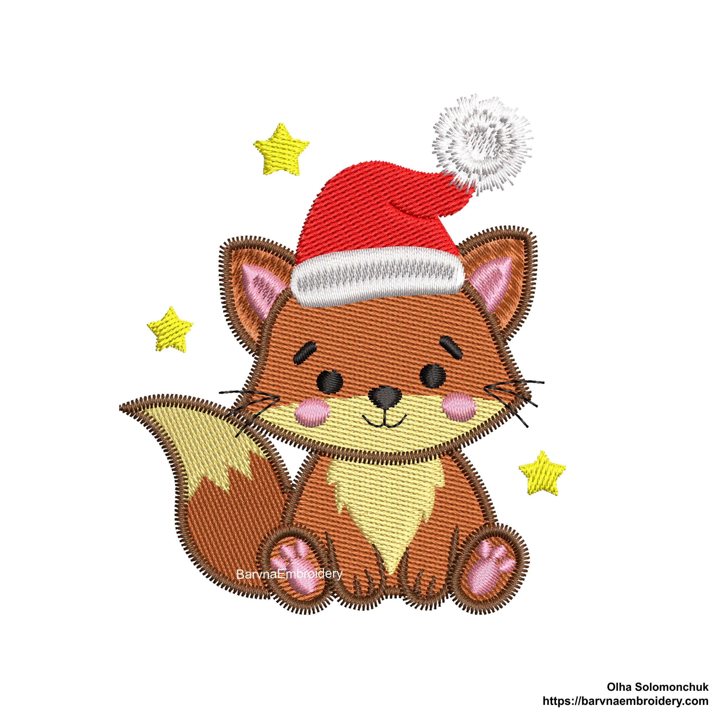 Mini Christmas Fox Machine Embroidery Designs in Santa Hat — perfect for kids, fits 4x4 hoop.