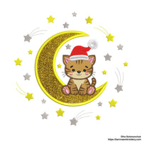 Cute Christmas Tiger Sitting on Moon Applique Embroidery Design with Santa Hat and Stars