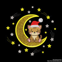 Cute Christmas Tiger Sitting on Moon Applique Embroidery Design with Santa Hat and Stars