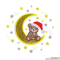 Cute Christmas Bear Sitting on Moon Applique Embroidery Design with Santa Hat and Stars