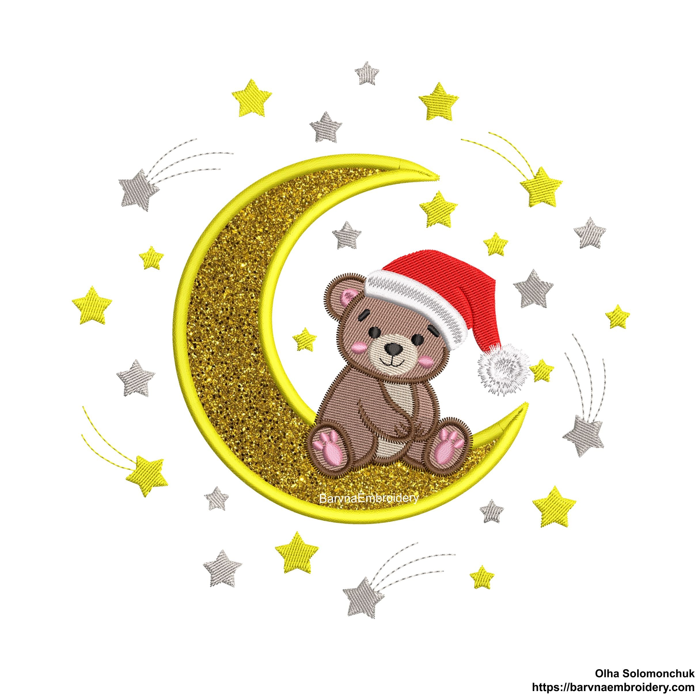 Cute Christmas Bear Sitting on Moon Applique Embroidery Design with Santa Hat and Stars