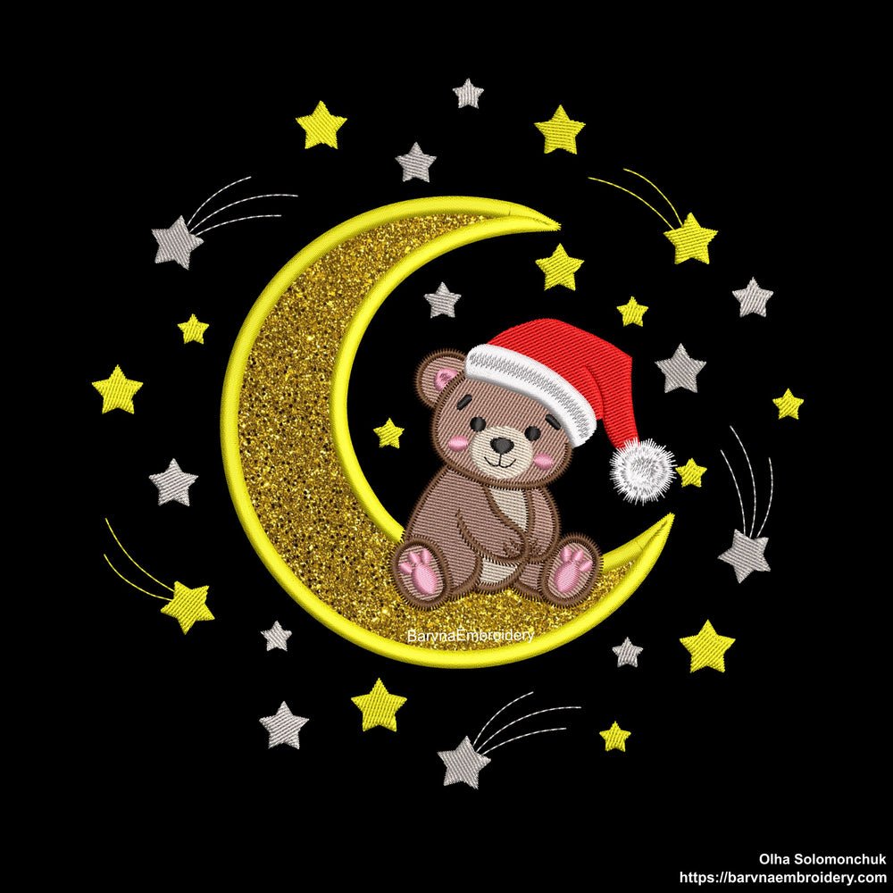 Cute Christmas Bear Sitting on Moon Applique Embroidery Design with Santa Hat and Stars