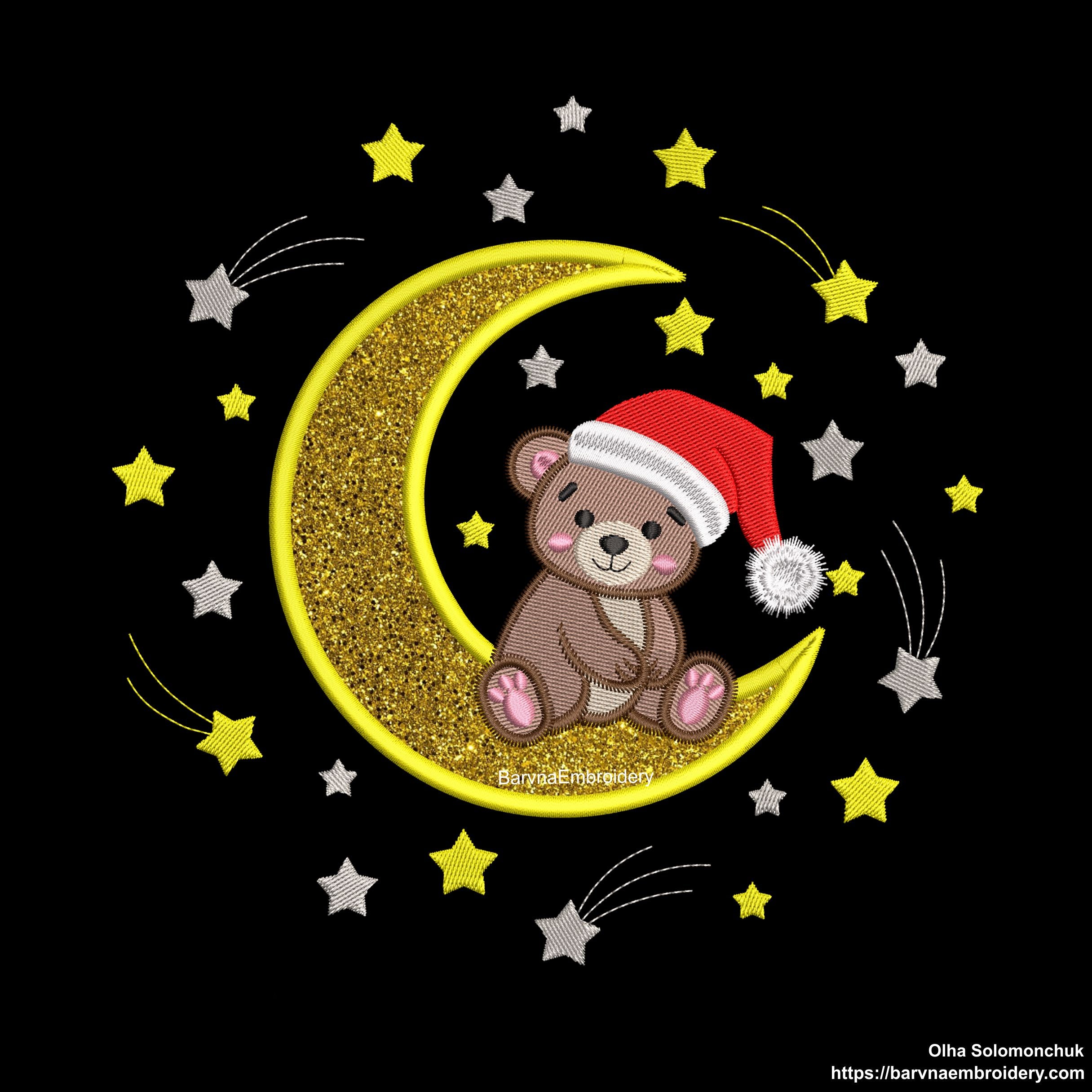 Cute Christmas Bear Sitting on Moon Applique Embroidery Design with Santa Hat and Stars