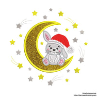 Christmas Bunny Sitting on Moon with Santa Hat — Cute Applique Machine Embroidery Design