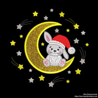 Christmas Bunny Sitting on Moon with Santa Hat — Cute Applique Machine Embroidery Design