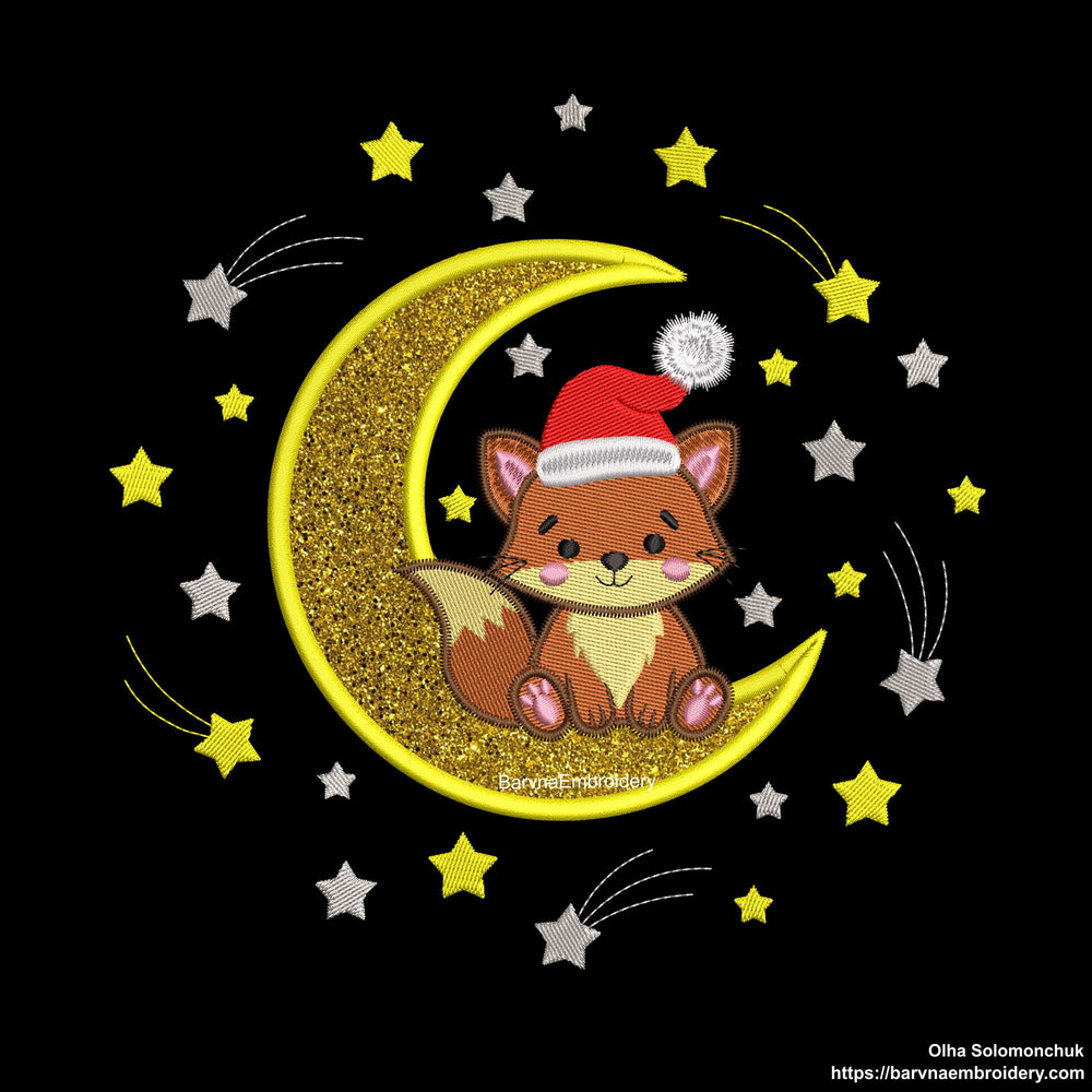 Christmas Fox Sitting on Moon with Santa Hat and Stars — Cute Applique Machine Embroidery Design