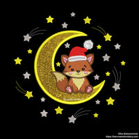 Christmas Fox Sitting on Moon with Santa Hat and Stars — Cute Applique Machine Embroidery Design
