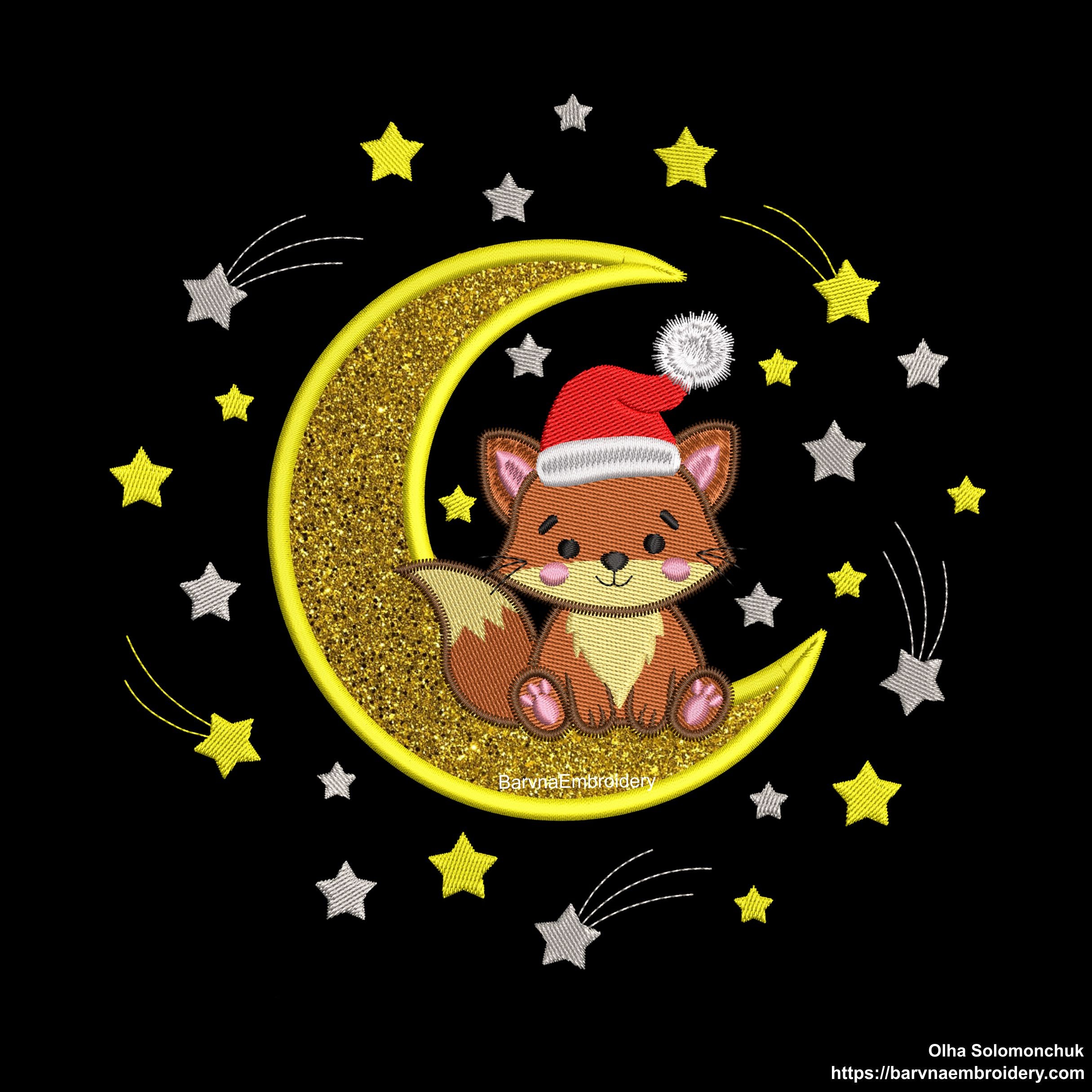 Christmas Fox Sitting on Moon with Santa Hat and Stars — Cute Applique Machine Embroidery Design