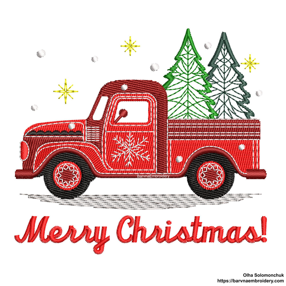 Merry Christmas! Christmas Red Truck Machine Embroidery Design.