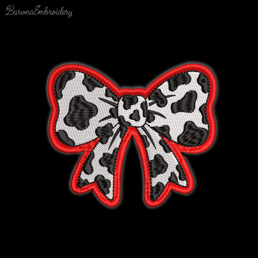 Cute bow embroidery design with black and white cow spots and a thick wavy red outline.