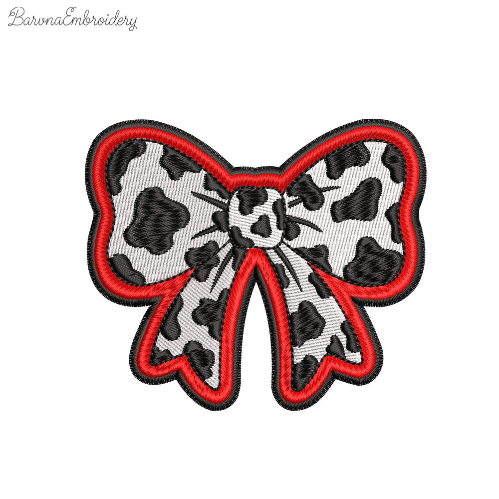 Cute bow embroidery design with black and white cow spots and a thick wavy red outline.