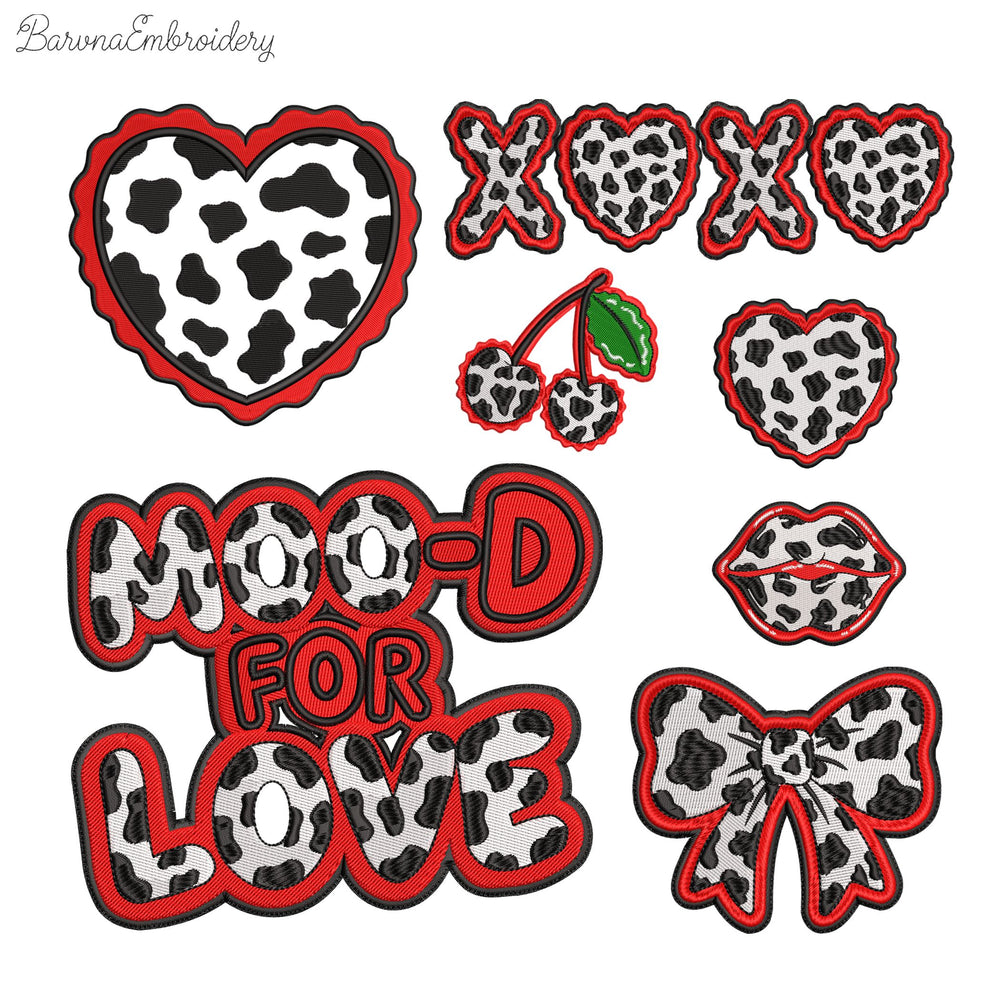 Cow Print Valentine Embroidery Design Set – 6 Matching Designs