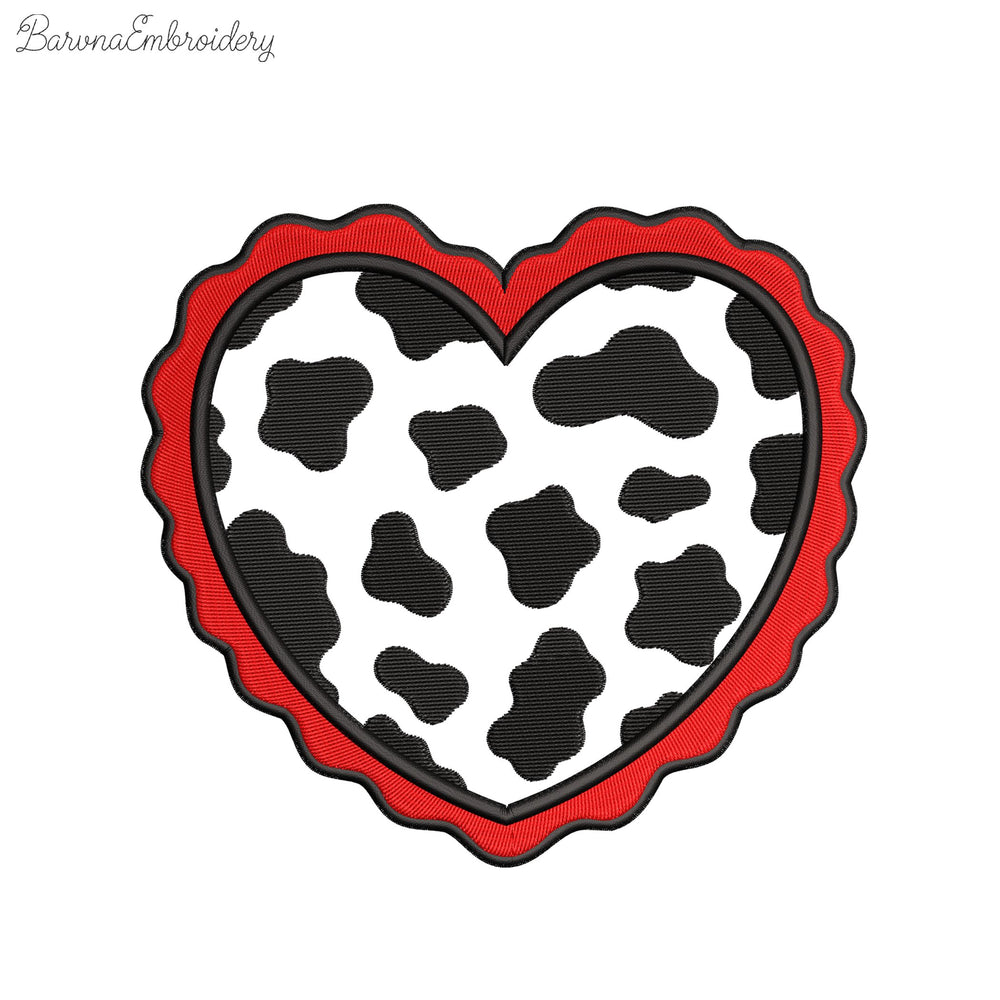 Machine embroidery design showing two versions of a cow print heart: one small filled and one large applique with a red wavy border.