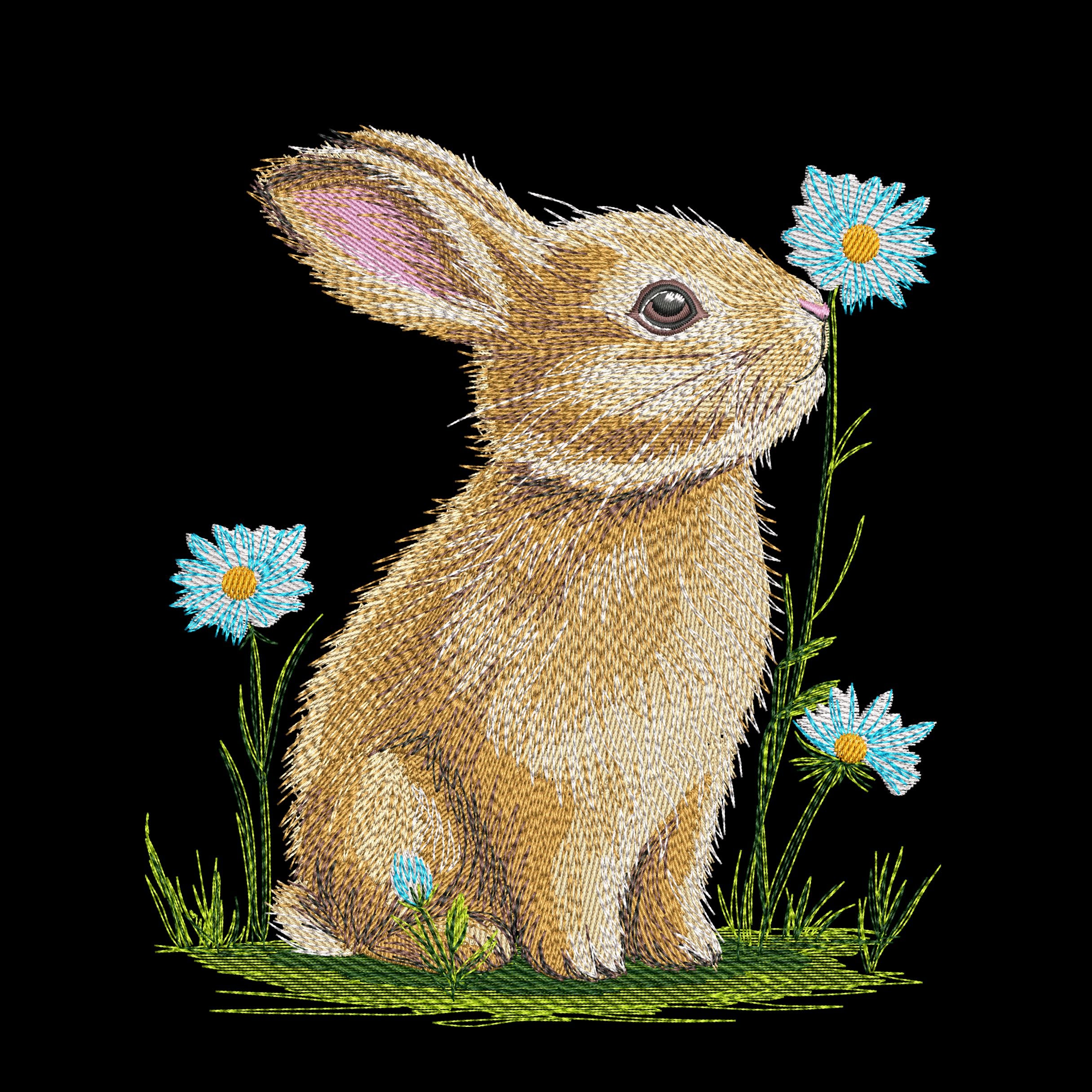 Sitting bunny embroidery design showing detailed stitched rabbit with fluffy texture, animal machine embroidery file