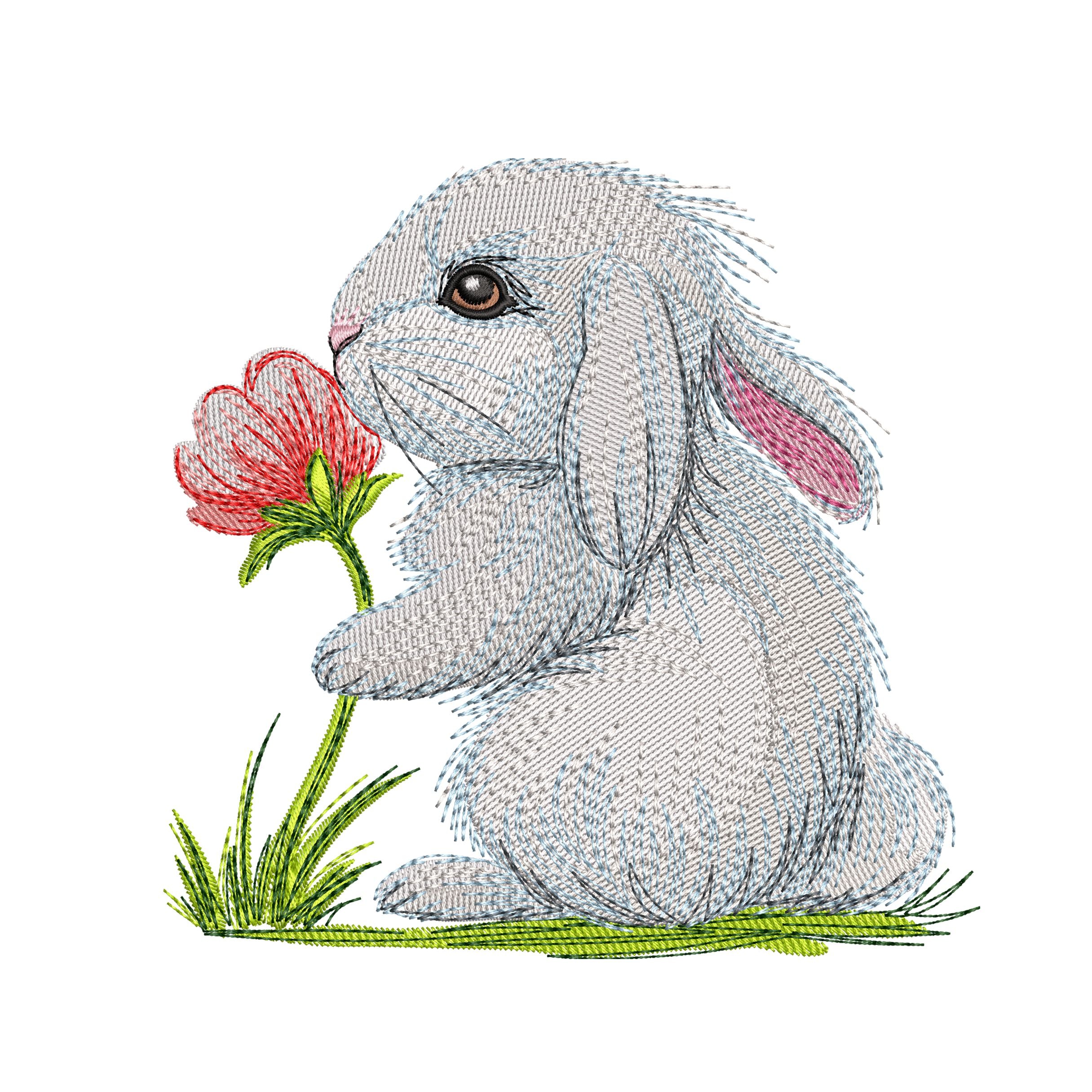 Cute bunny machine embroidery design sniffing a flower, soft spring animal embroidery pattern for kids and creative projects