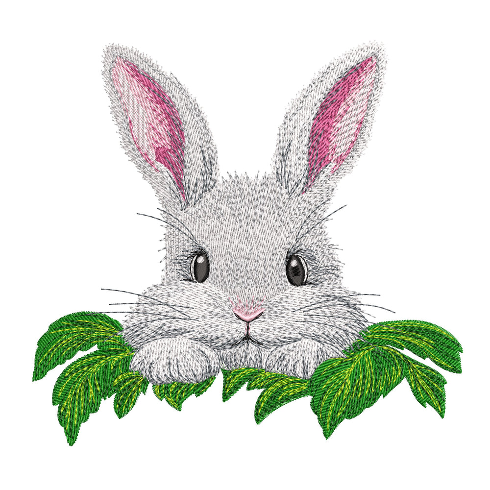 Cute Bunny Machine Embroidery Design Peeking Through Leaves, Detailed Animal Embroidery For Spring Projects
