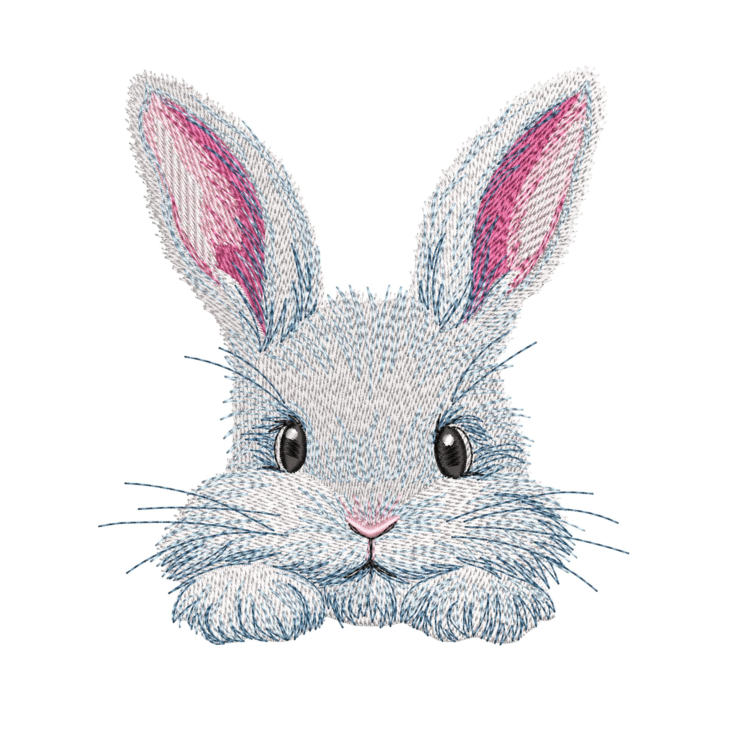 Cute bunny machine embroidery design in realistic style, rabbit face embroidery for spring and seasonal textile projects