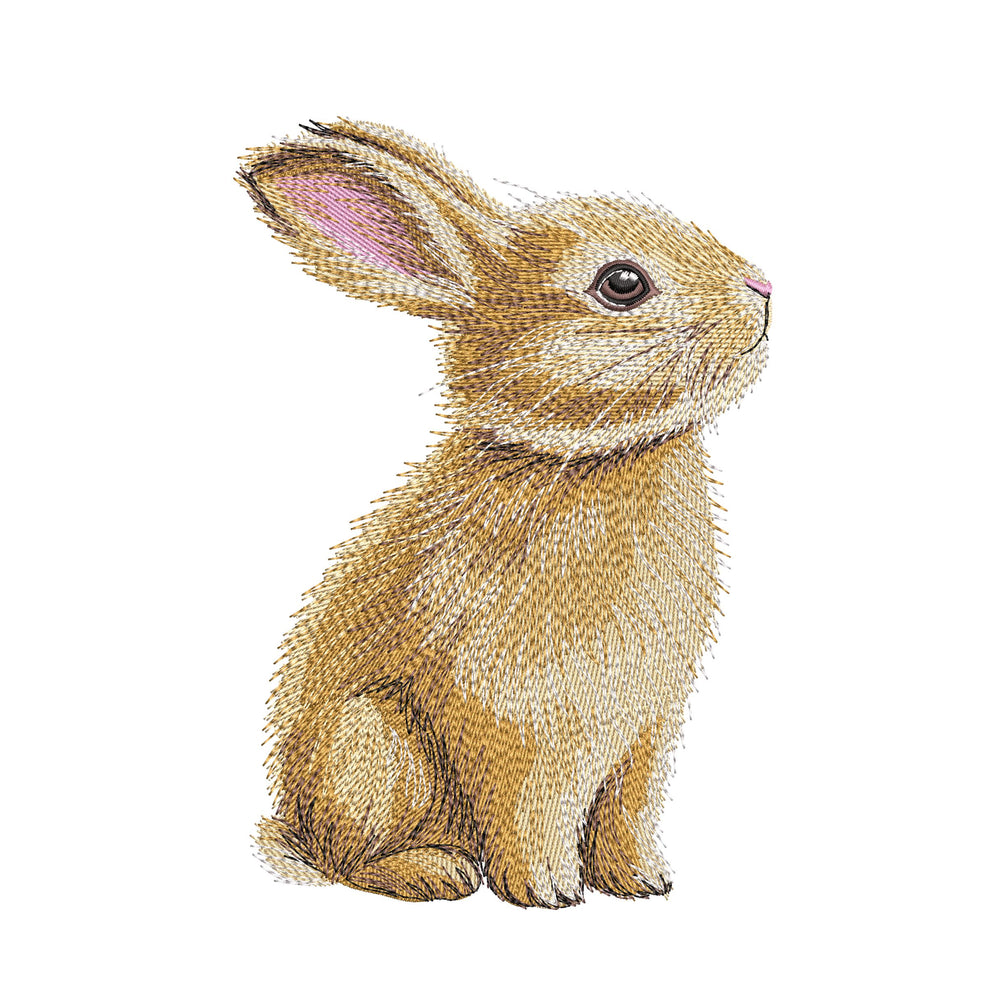 Sitting bunny embroidery design showing detailed stitched rabbit with fluffy texture, animal machine embroidery file