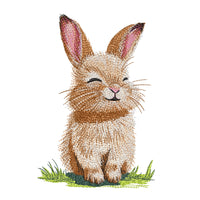 Cute bunny machine embroidery design sitting on grass, spring animal embroidery pattern for kids and seasonal projects