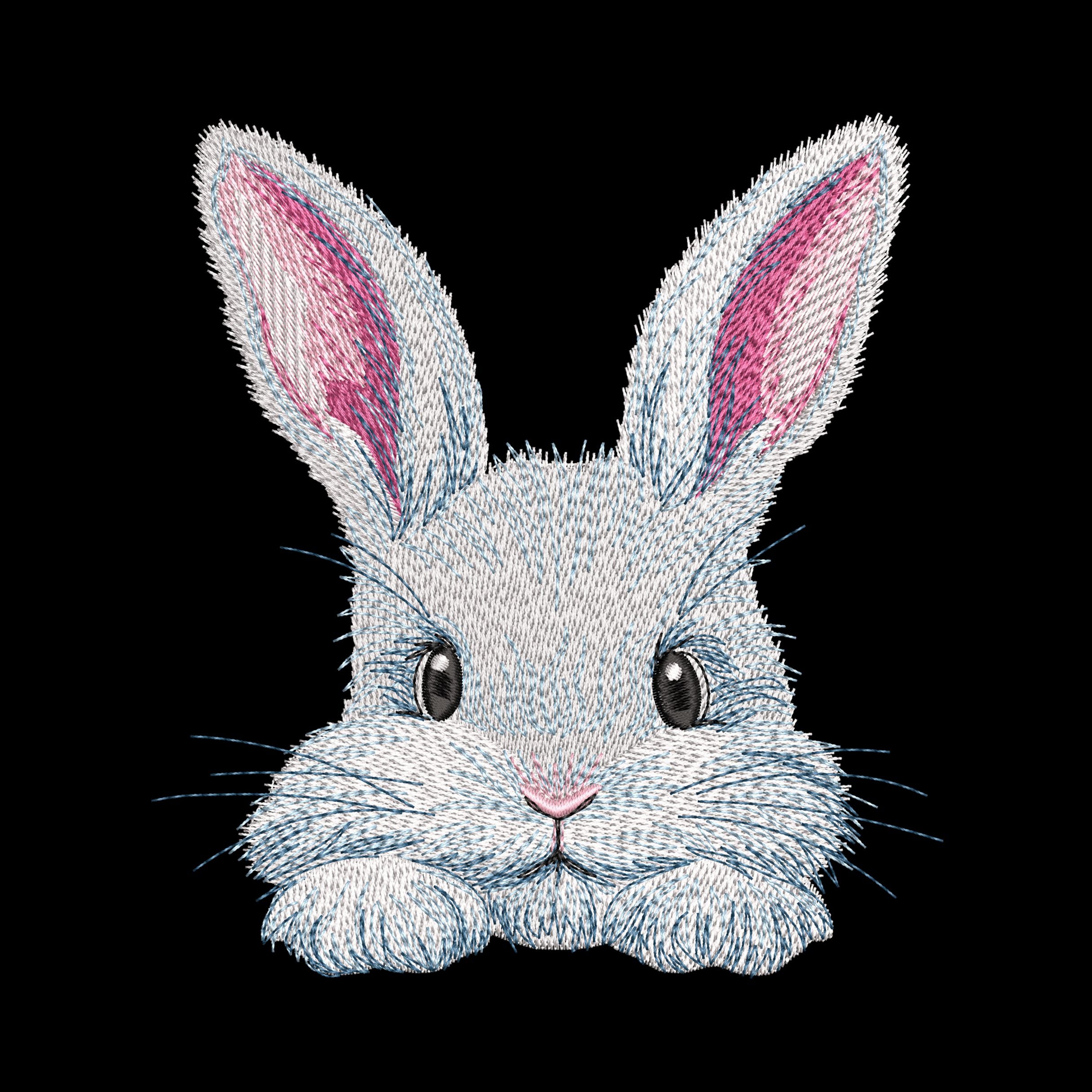 Cute bunny machine embroidery design in realistic style, rabbit face embroidery for spring and seasonal textile projects