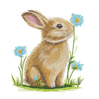 A collection of five high-quality machine embroidery designs: bunnies with butterflies, wildflowers, dandelions, and spring greenery in a realistic style.
