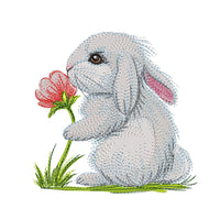 A collection of five high-quality machine embroidery designs: bunnies with butterflies, wildflowers, dandelions, and spring greenery in a realistic style.