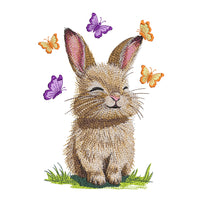 A collection of five high-quality machine embroidery designs: bunnies with butterflies, wildflowers, dandelions, and spring greenery in a realistic style.