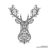 Deer head embroidery design with swirl details – one-color digital machine embroidery file for holiday and winter projects.